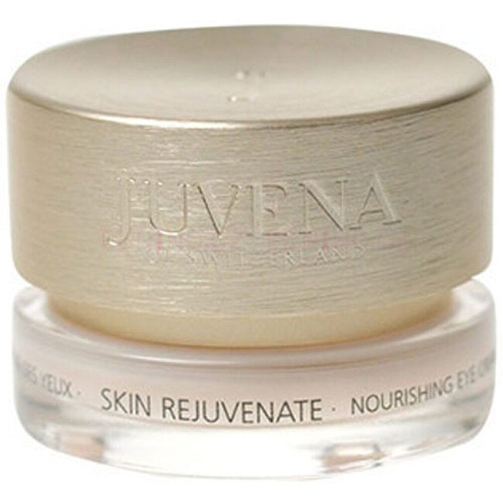 Augencreme-Tiegel mit goldfarbenem Deckel. Auf dem Deckel steht "JUVENA". Unter dem Deckel steht "SKIN REJUVENATE NOURISHING EYE CREAM".