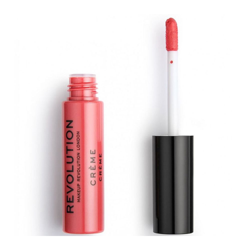 Lippenstift-Fläschchen, geöffnet, mit Applikator. Rosa Lippenstift und schwarzer Deckel. Aufschrift: Revolution Crème.