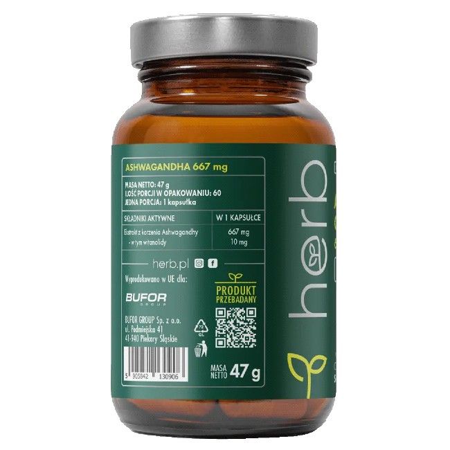 Rückseite einer Braunglasflasche mit Etikett, das Inhaltsstoffe und Menge von 60 veganen Ashwagandha-Kapseln auflistet.