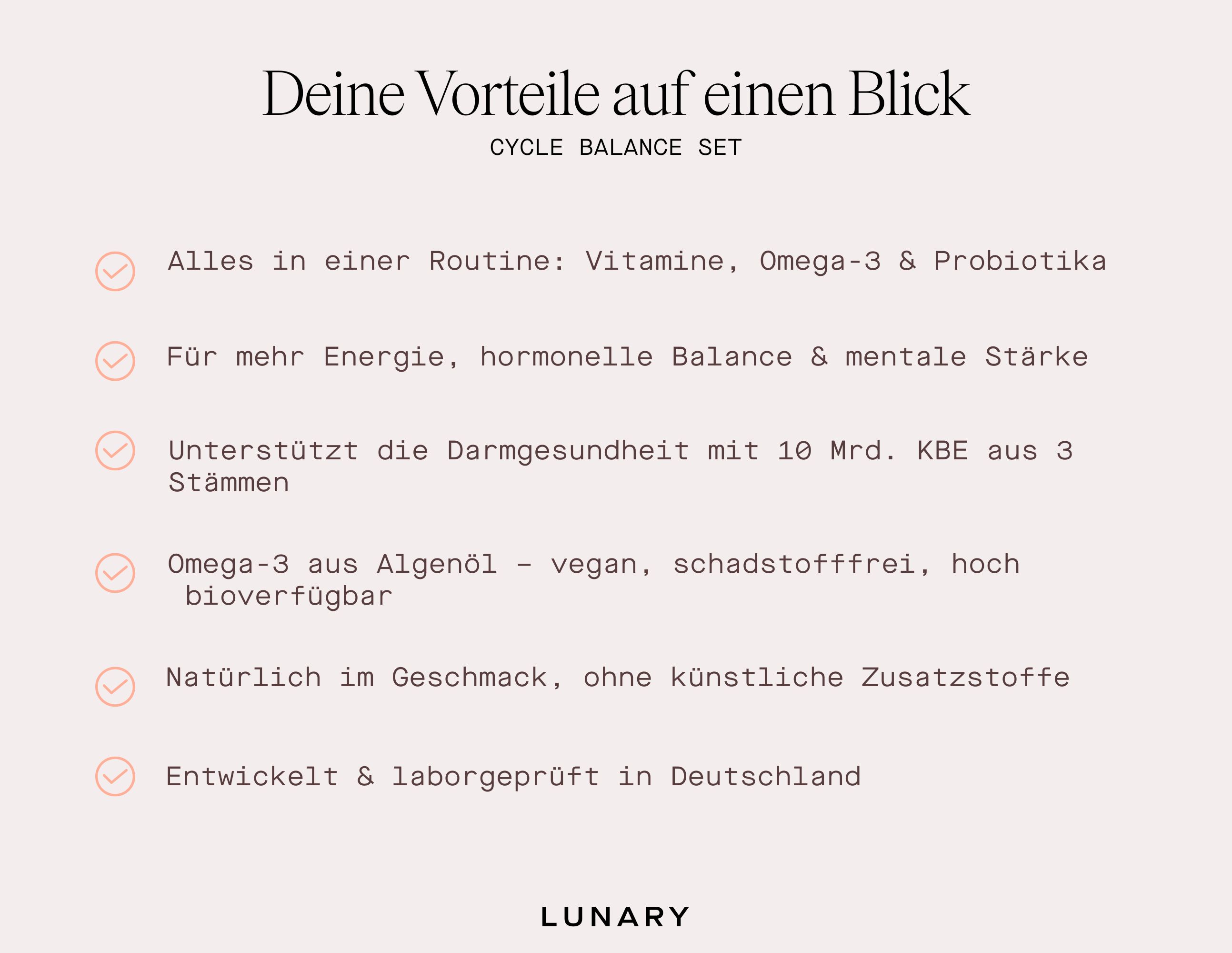 Text: Deine Vorteile auf einen Blick. Auflistung von Vorteilen wie Vitamine, Omega-3, Darmgesundheit und Energie.