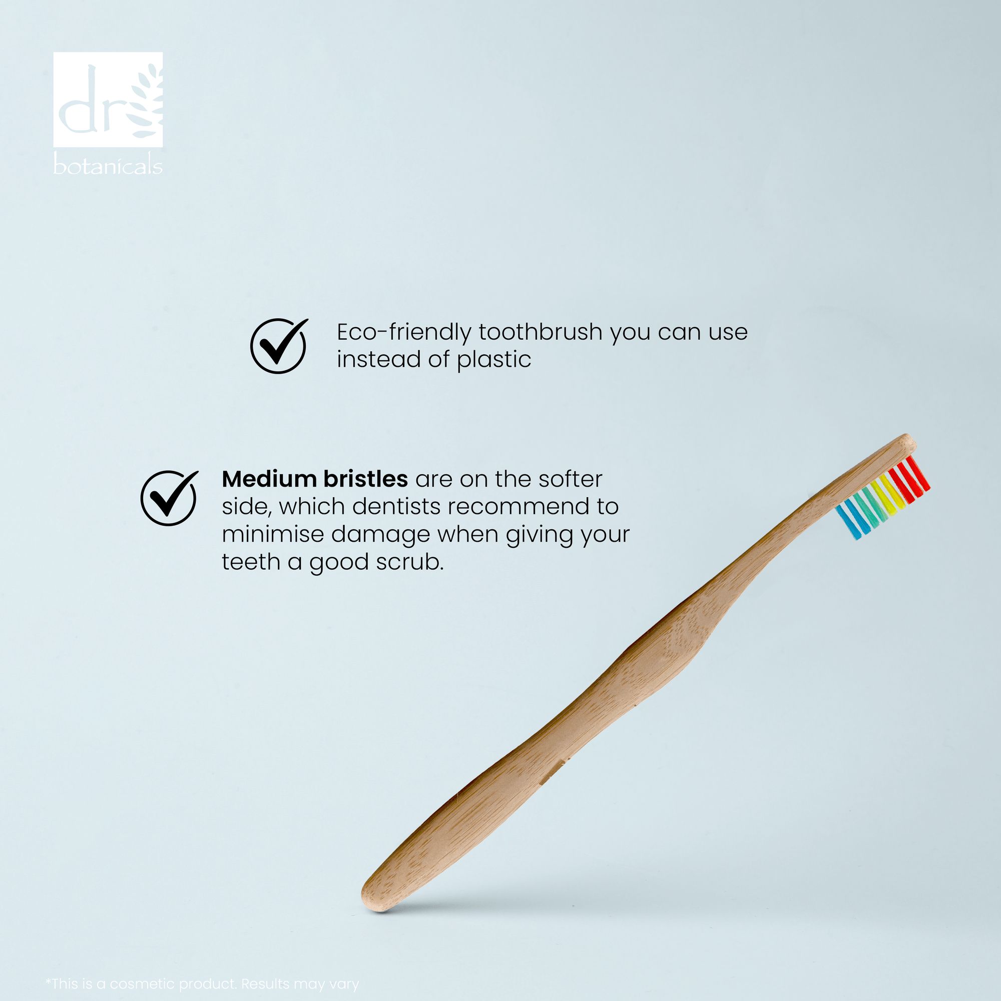 Bambus-Zahnbürste mit Regenbogenborsten. Marke: Dr Botanicals. Text: "Eco-friendly toothbrush you can use instead of plastic."