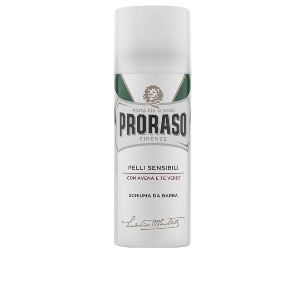Weiße Rasiercreme-Dose. Aufschrift PRORASO, Firenze. Text: Pelli Sensibili con Avena e Tè Verde. Schaum für empfindliche Haut.