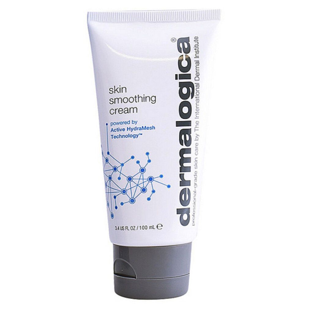 Weiße Tube mit grauer Kappe. Aufschrift: skin smoothing cream, Dermalogica Logo, 3.4 US FL OZ / 100 ml.