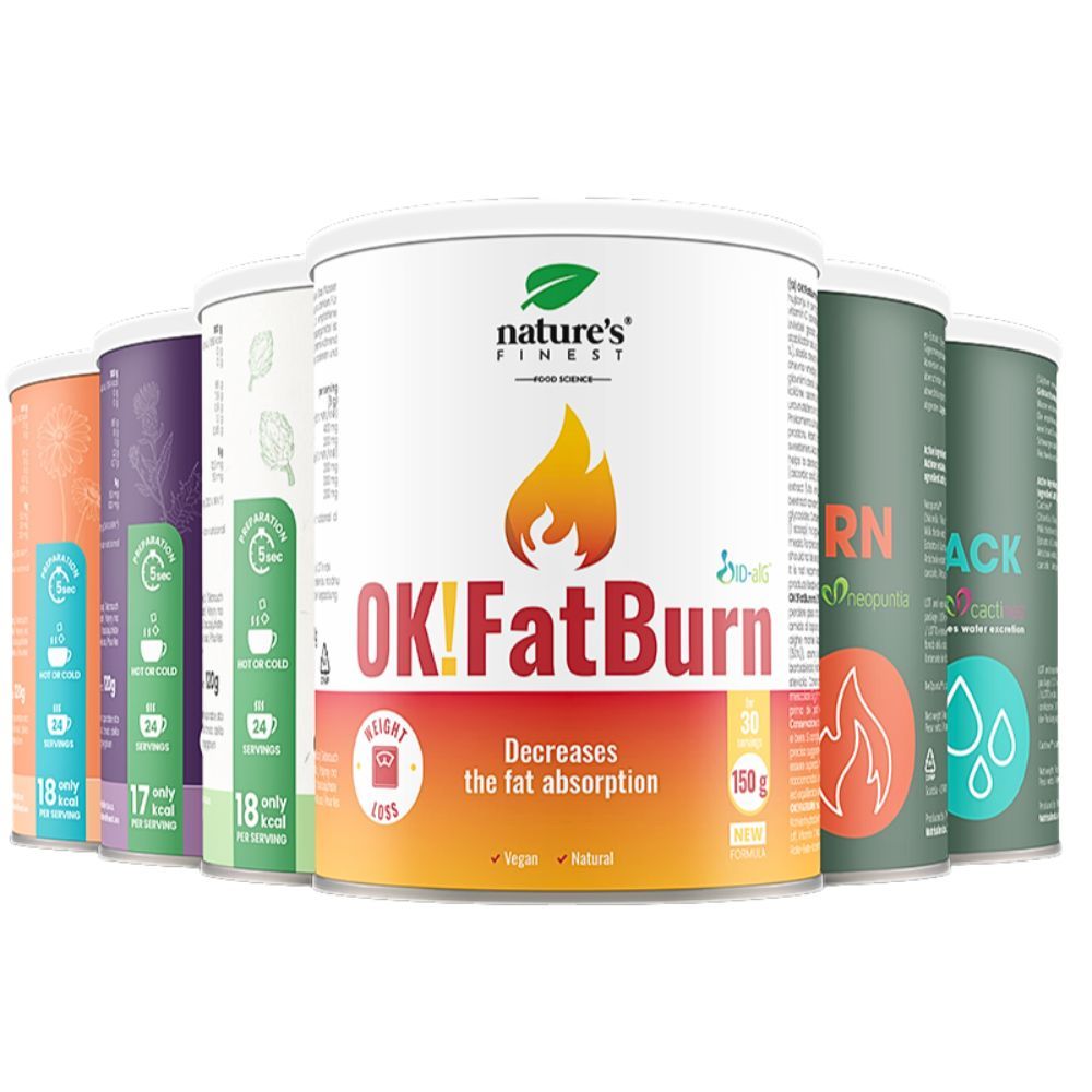 Mehrere Dosen Nature's Finest OK! FatBurn. Dose mit Flammen-Symbol, Text: OK! FatBurn, 150g. Weitere Dosen in verschiedenen Farben.