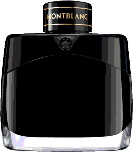 Schwarzer Flakon mit goldfarbenem Deckel. Marke MONTBLANC. Schwarzes Glas, rechteckige Form, abgerundete Kanten.