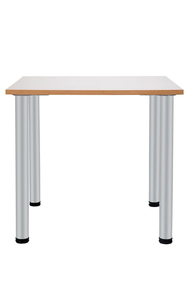 Tisch, quadratische Tischplatte, helle Holzoptik, silberne Beine, rollstuhlgerecht.