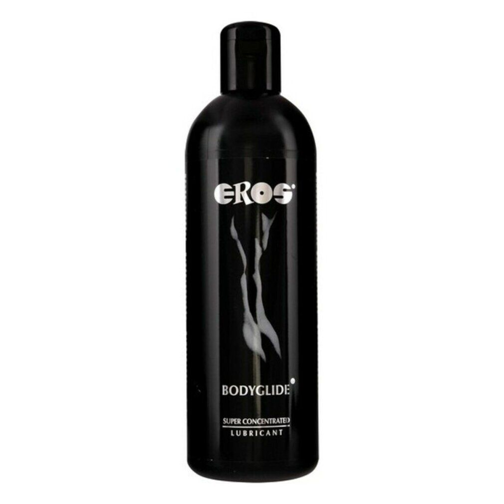 Schwarze Flasche mit "EROS"-Logo und "BODYGLIDE"-Schriftzug. Enthält eine Abbildung einer Frau. "SUPER CONCENTRATE LUBRICANT" darunter.