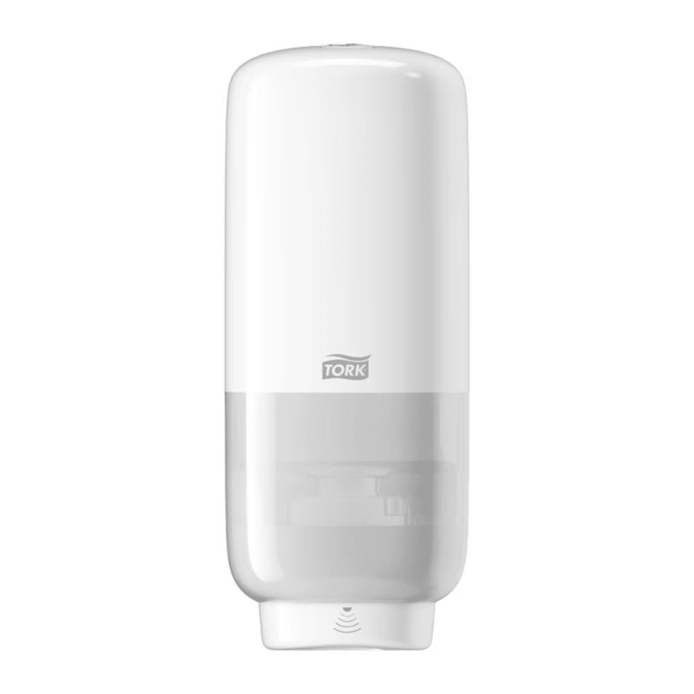 Weißer Tork Hautpflege Spender mit Sensor. Unterer Teil transparent. Tork Logo. S4-System.