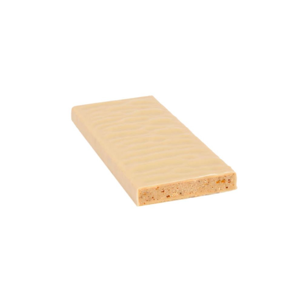 Vegane Schokoladentafel White Crisp. Helle Schokolade mit sichtbaren Crisps, rechteckig.