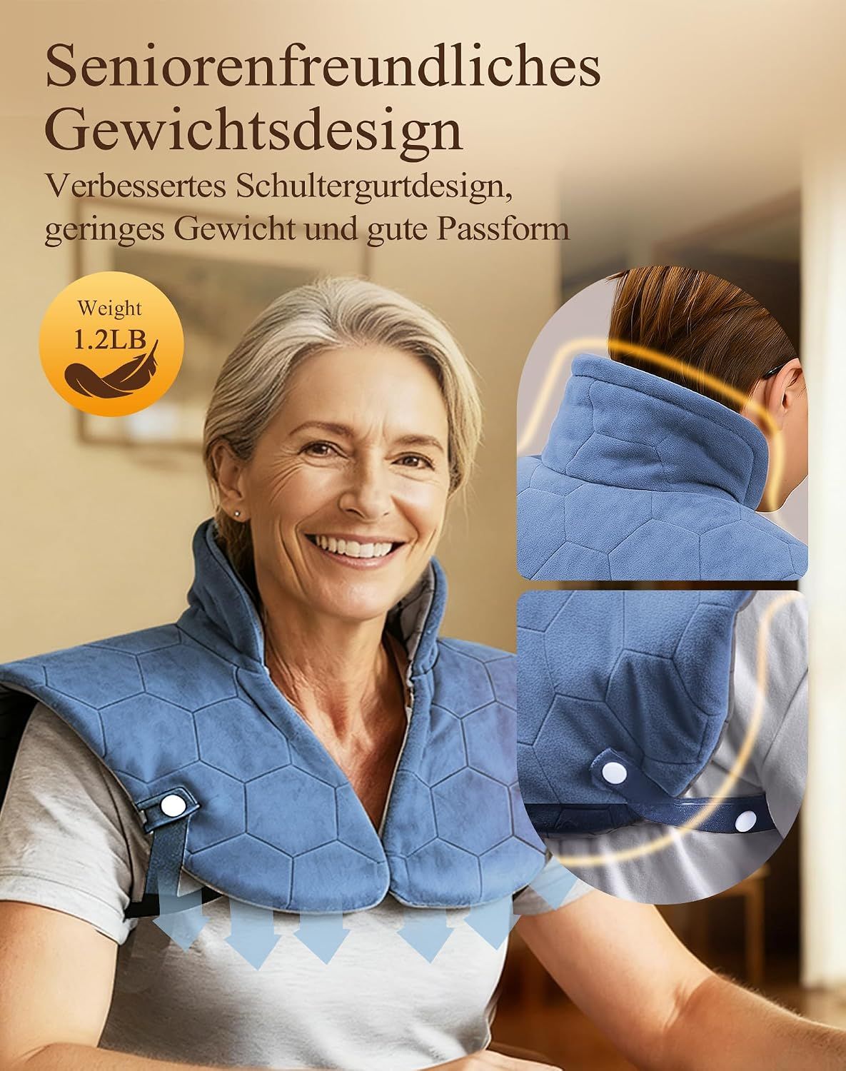 Blaues Heizkissen für Nacken und Schultern, mit Fernbedienung. Verpackung mit Produktabbildung.