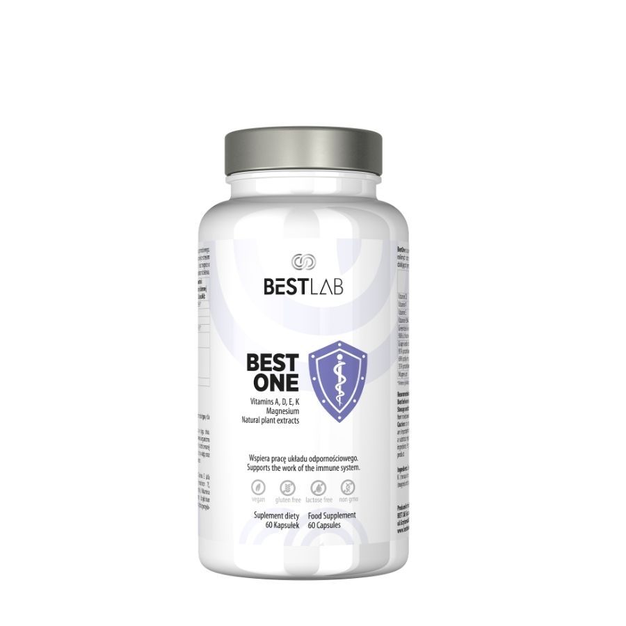 Weiße Flasche mit silbernem Deckel. Aufschrift: BEST LAB BEST ONE. Enthält Vitamin D, K, Magnesium. 60 Kapseln.