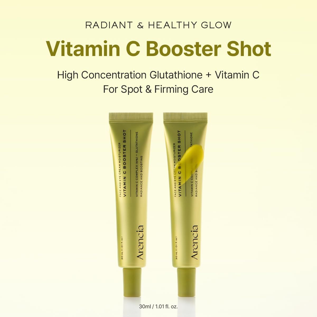 Zwei Tuben Arencia Vitamin C Booster Shot. Grün-gelbe Verpackung mit Produktnamen und Inhaltsstoffen. 30ml/1.01 fl. oz.