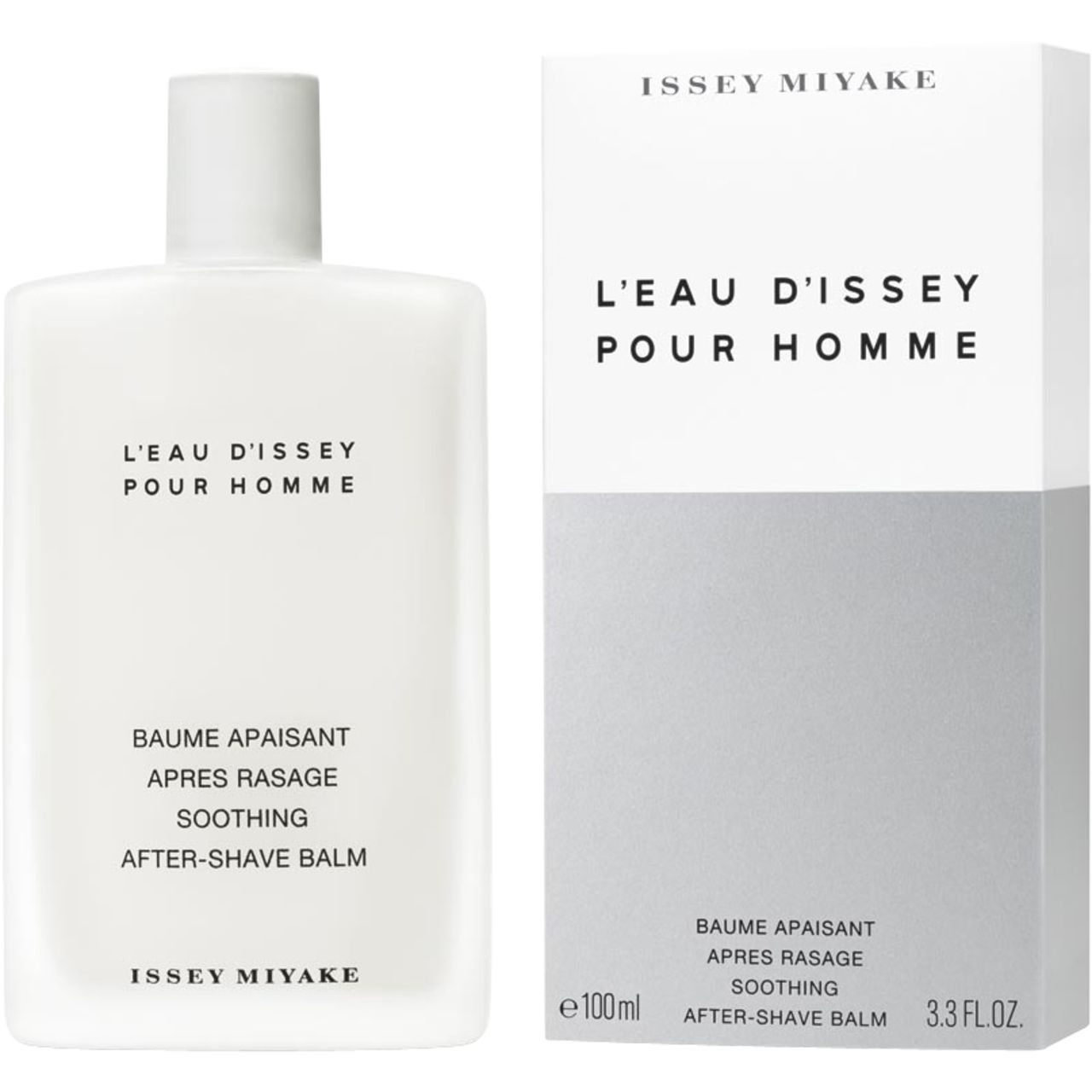 Weißer Flakon und Verpackung. Aufschrift: L'Eau d'Issey pour Homme, Baume Apaisant, Après Rasage, Soothing, After-Shave Balm. Marke: Issey Miyake. Volumen: 100ml.