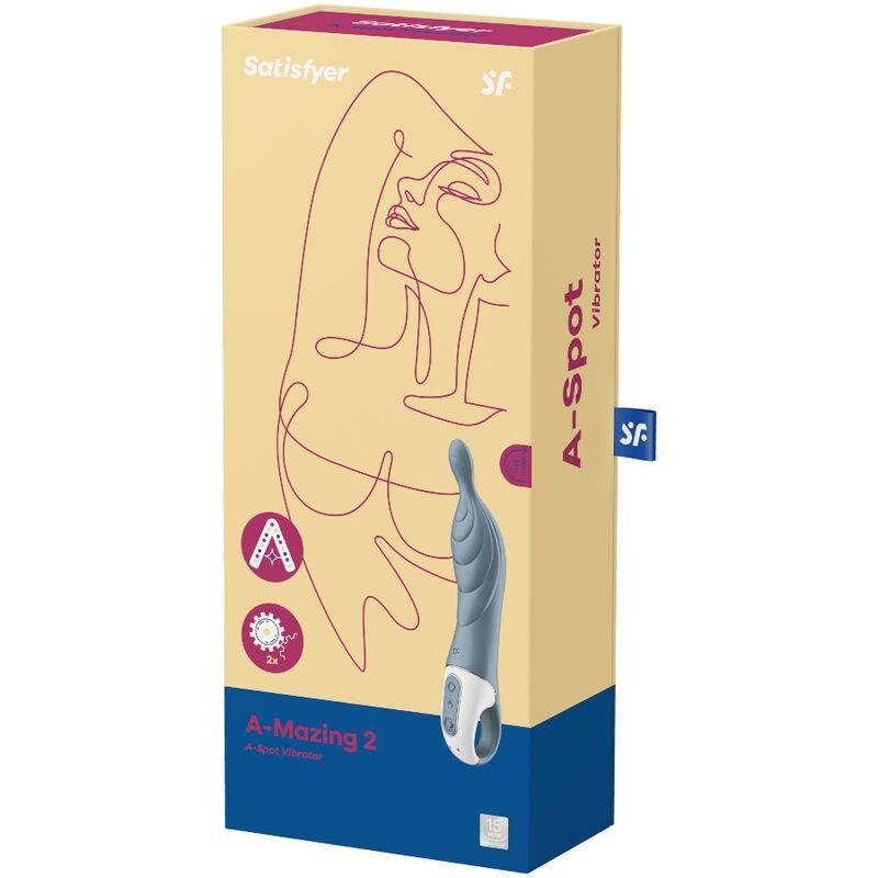 Verpackung mit Produktabbildung. Aufschrift: Satisfyer, A-Spot Vibrator, A-Mazing 2.