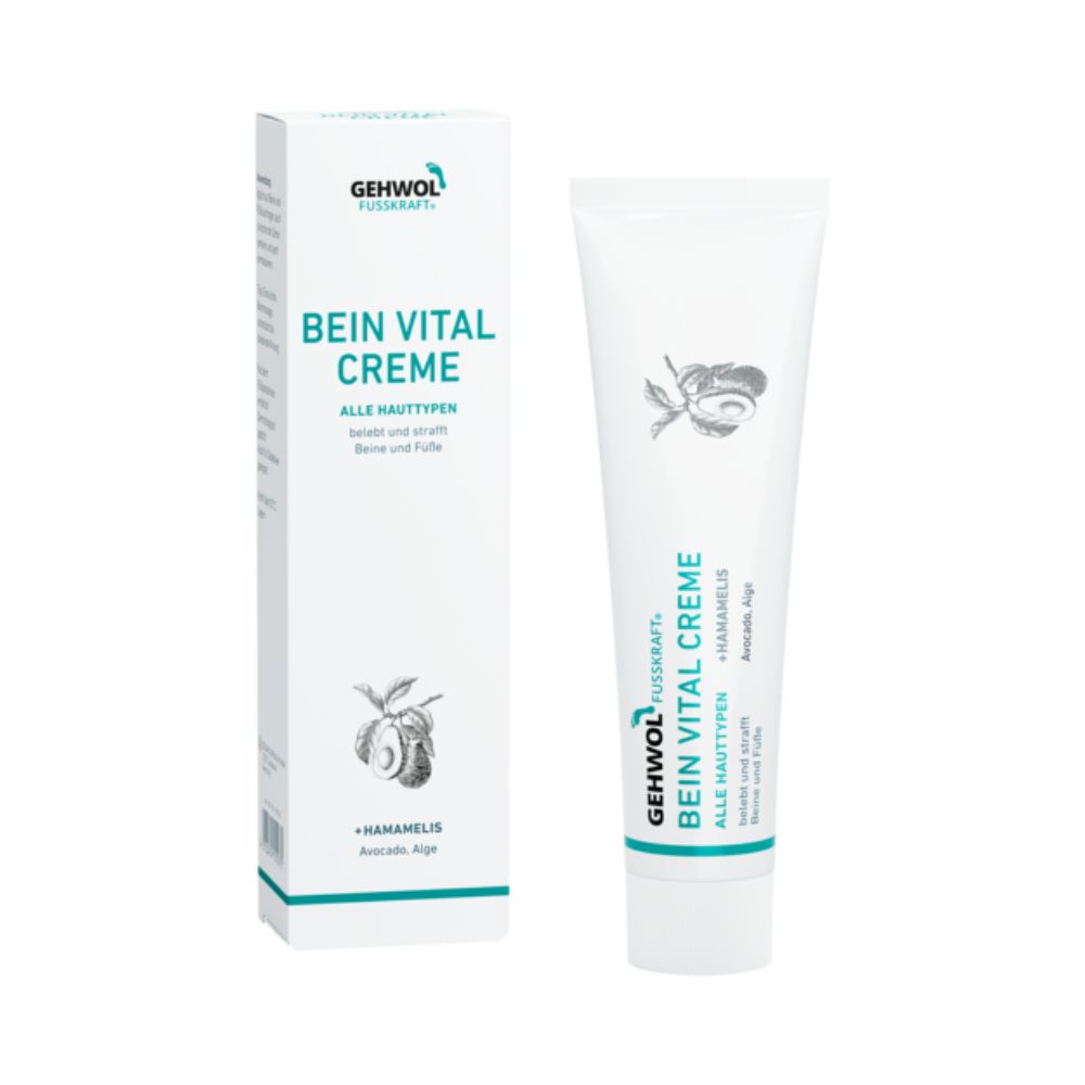 Creme-Tube und Schachtel. Aufschrift: GEHWOL FUSSKRAFT, Bein Vital Creme, für alle Hauttypen. Mit Hamamelis und Avocado Alge.