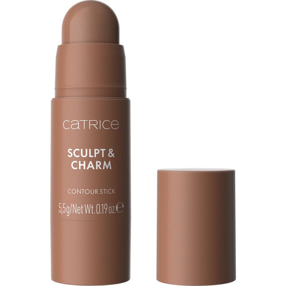 Konturstift mit geöffneter Kappe. Aufschrift: Catrice, Sculpt & Charm, Contour Stick. 5,5g/Net Wt. 0.19 oz e.