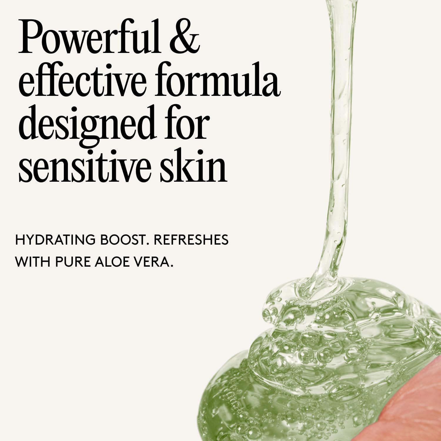 Aloe Vera Gel wird auf die Hand gegossen. Text: Leistungsstarke & effektive Formel für empfindliche Haut. Hydratationsschub. Erfrischt mit reiner Aloe Vera.