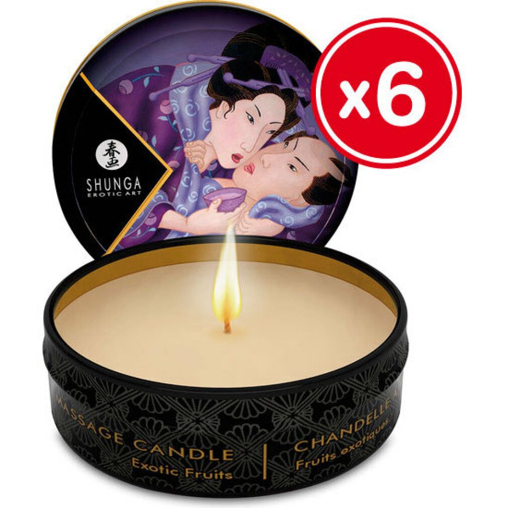 Shunga Massagekerze Libido/Exotic Fruits in schwarzer Dose, mit brennender Flamme. Deckel zeigt erotische Kunst.