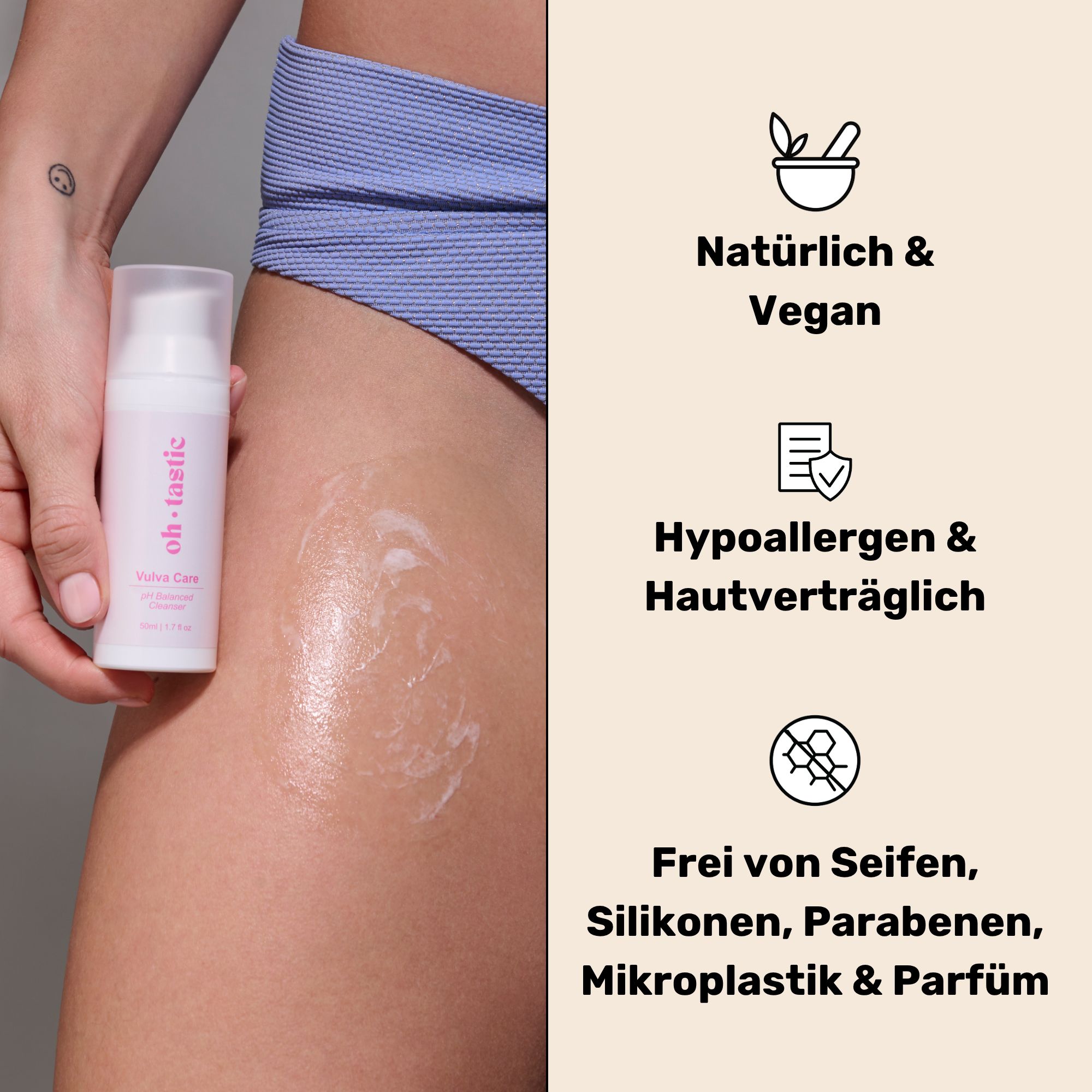 Frau mit rosa Flasche. Text: oh.tastic, Vulva Care, Intimate gel wash. Text: Natürlich & Vegan, Hypoallergen, Frei von Seifen, Silikonen, Parabenen, Mikroplastik & Parfum.