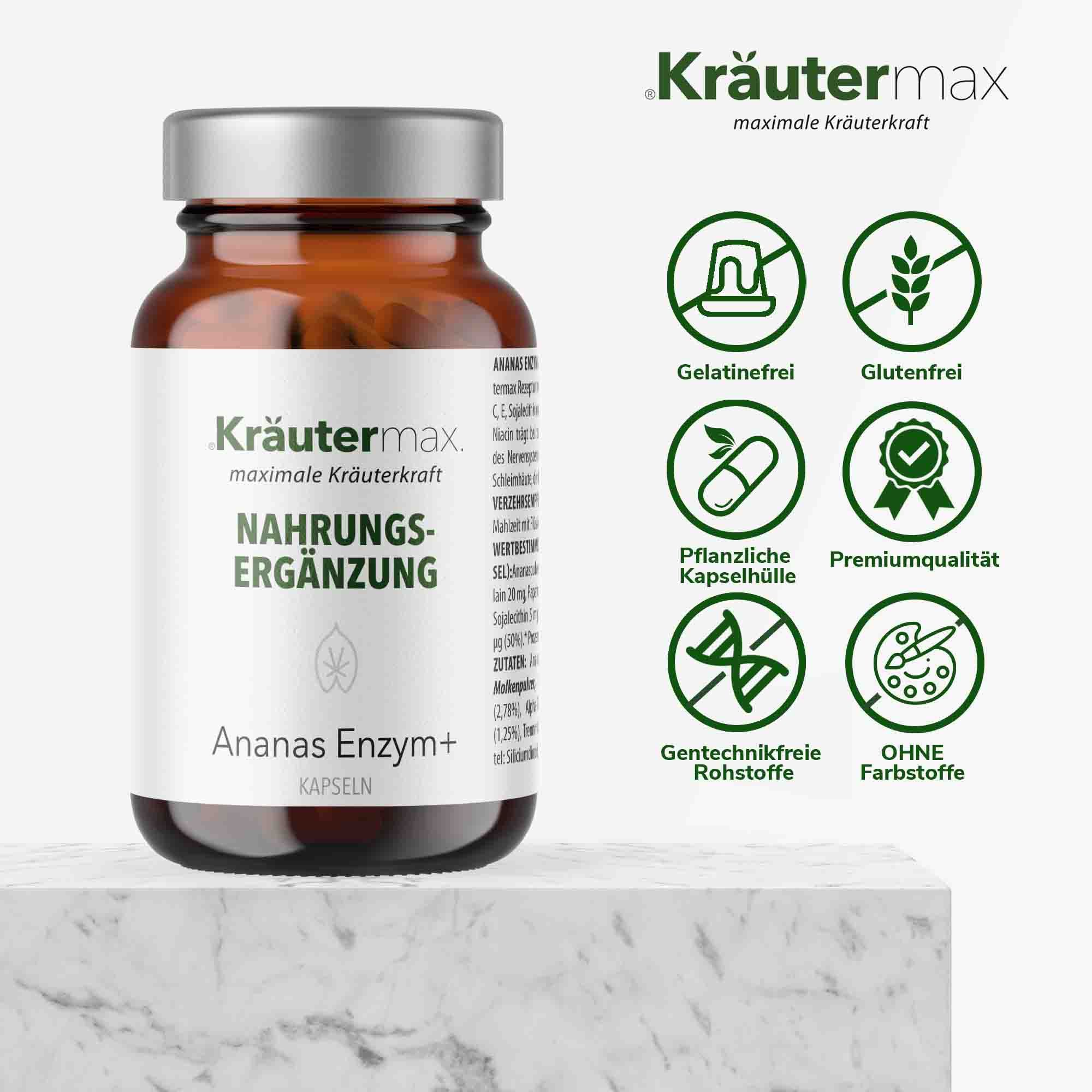 Produktflasche mit Logo und Produktname. Grafiken zeigen Eigenschaften: glutenfrei, ohne Farbstoffe, etc.