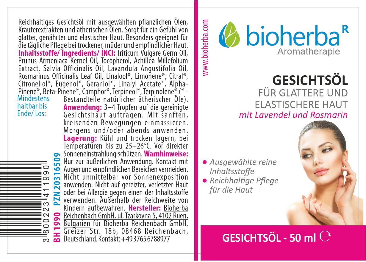 Bioherba Gesichtsöl Etikett mit Inhaltsstoffen, Anwendungshinweisen und Bild einer Frau.