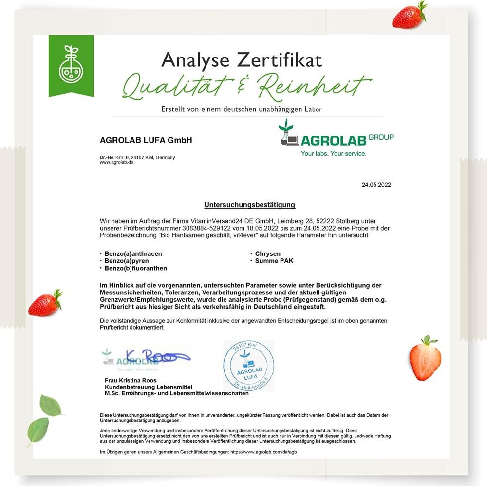Zertifikat der Agrolab LUFA GmbH. Analyse Zertifikat, Qualität & Reinheit. Untersuchungsergebnisse für Bio Hanfsamen.