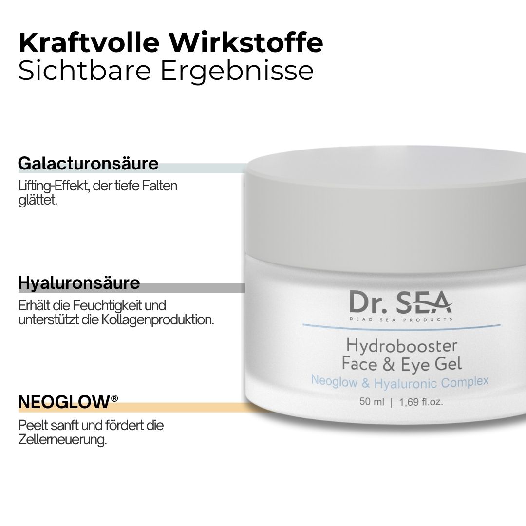 Produkt mit Text. Aufschrift: Dr. SEA, Hydrobooster Face & Eye Gel, 50 ml. Text über Inhaltsstoffe und Wirkung.