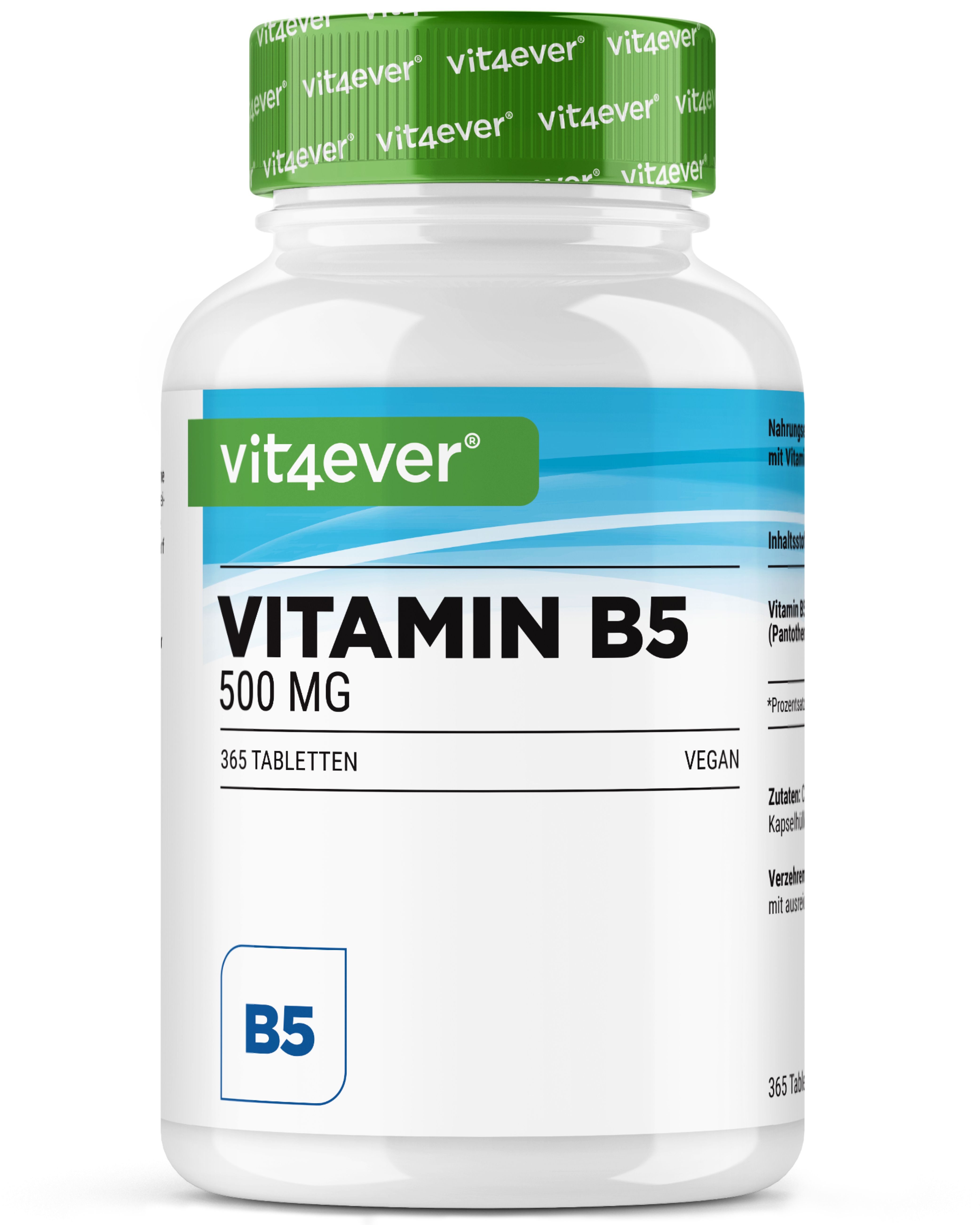 Weiße Flasche mit grünem Deckel. Aufschrift: Vitamin B5, 500 MG, 365 Tabletten. Marke: vit4ever.