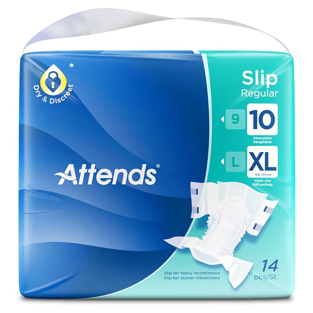Verpackung Attends Slip Regular 10 XL. Blaue und grüne Verpackung mit Produktabbildung. Enthält 14 Stück. Größe XL, Hüftumfang 150-175 cm.