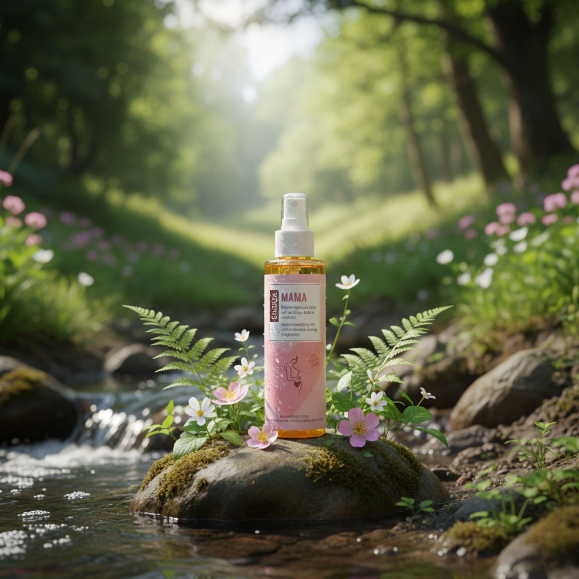 Ölflasche mit Sprühkopf, platziert auf einem Stein in einem Bach. Rosa Etikett mit Text und Illustration.