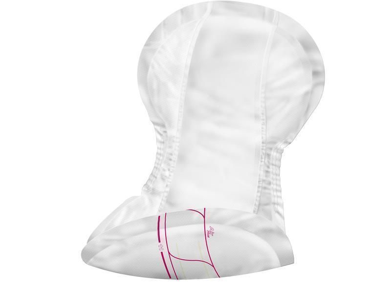 Abena Abri-San Premium Vorlage. Weiße, anatomisch geformte Einlage mit rosa Markierungen. Sichtbare, absorbierende Schicht.