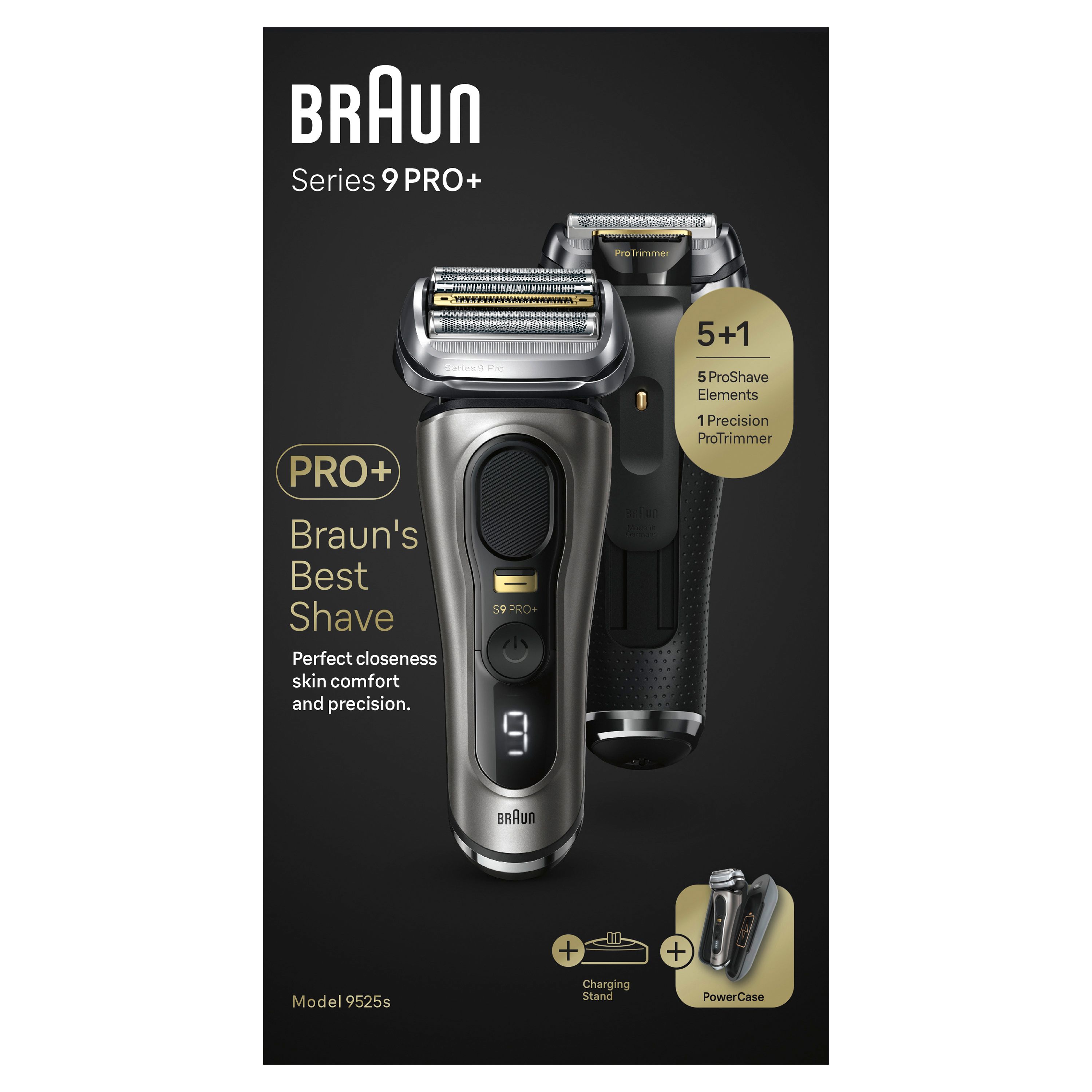 Verpackung mit Elektrorasierer und Ersatzklingen. Text: Braun Series 9 PRO+. Modell 9525s. Lade- und PowerCase-Symbole.