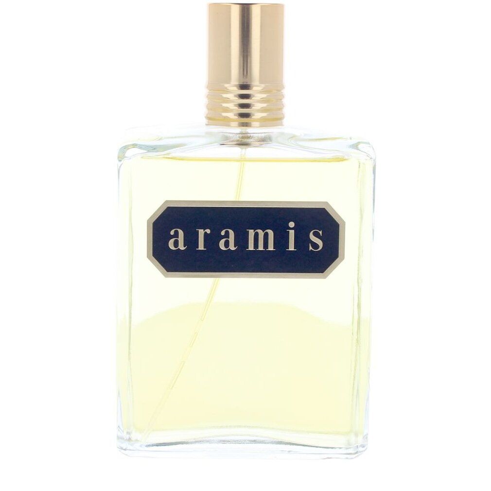Aramis Classic Eau de Toilette-Flakon. Rechteckige Glasflasche mit goldfarbenem Deckel und Logo.