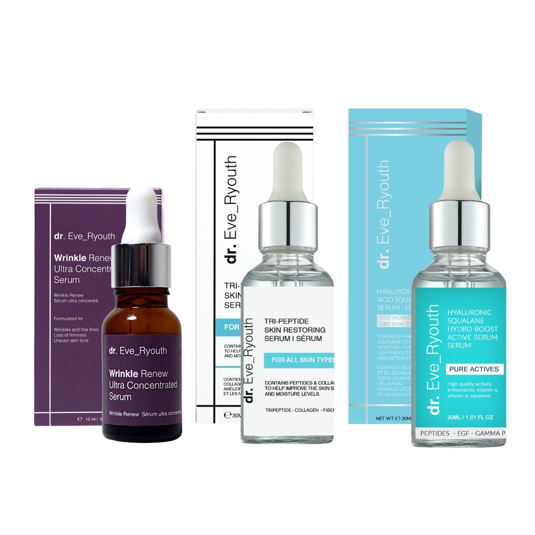 Drei Serumflaschen mit Pipetten und Verpackungen. Beschriftung: dr. Eve_Ryouth. Produkte: Anti-Falten-Serum, Tri-Peptid-Serum, Hyaluronsäure-Serum.