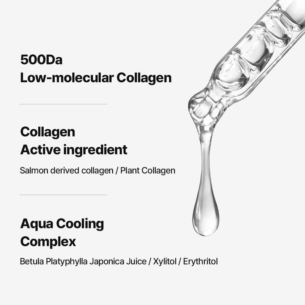 Tropfende Flüssigkeit aus einer Pipette. Text: 500Da Low-molecular Collagen, Collagen Active ingredient, Aqua Cooling Complex.