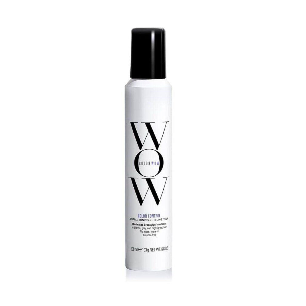 Weiße Flasche mit schwarzem Deckel. Aufschrift: WOW COLORUSH. Text: COLOR CONTROL, Purple Toning + Styling Foam. 200ml.