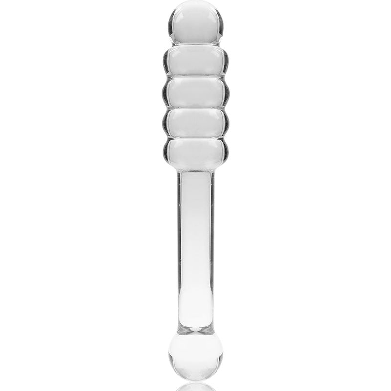 Borosilikatglas-Dildo, 20,5 cm lang, mit geripptem Kopf und kugelförmigem Griff.