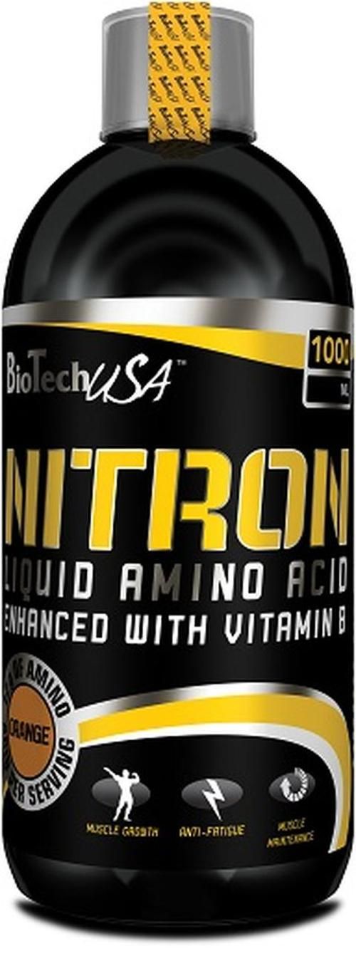Schwarze Flasche mit gelben Akzenten. Aufschrift "NITRON LIQUID AMINO ACID". Orangefarbenes Etikett mit Text und Logo.