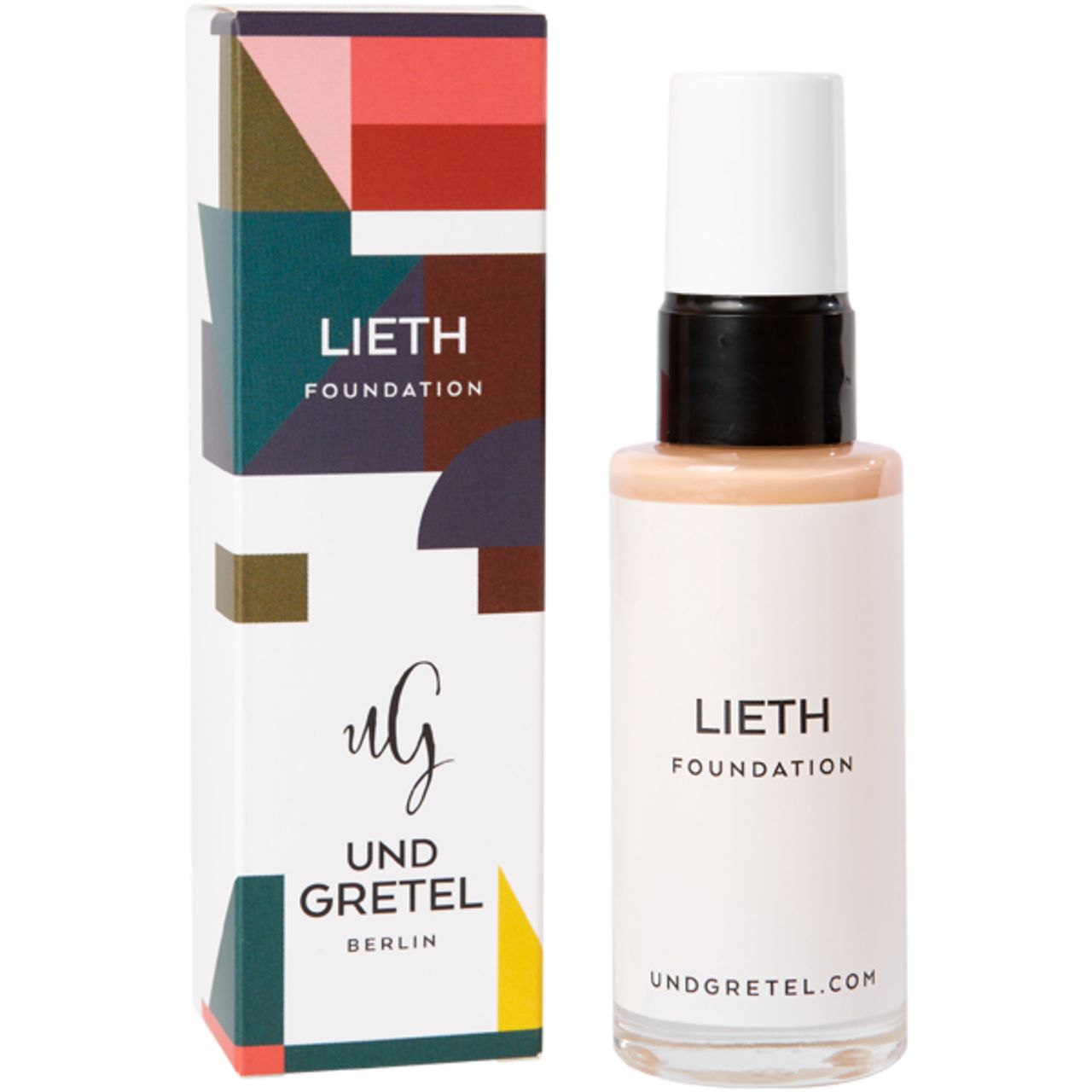 Lieth Foundation-Flasche mit Verpackung. Aufschrift: Lieth Foundation, undgretel.com. Verpackung mit Logo.
