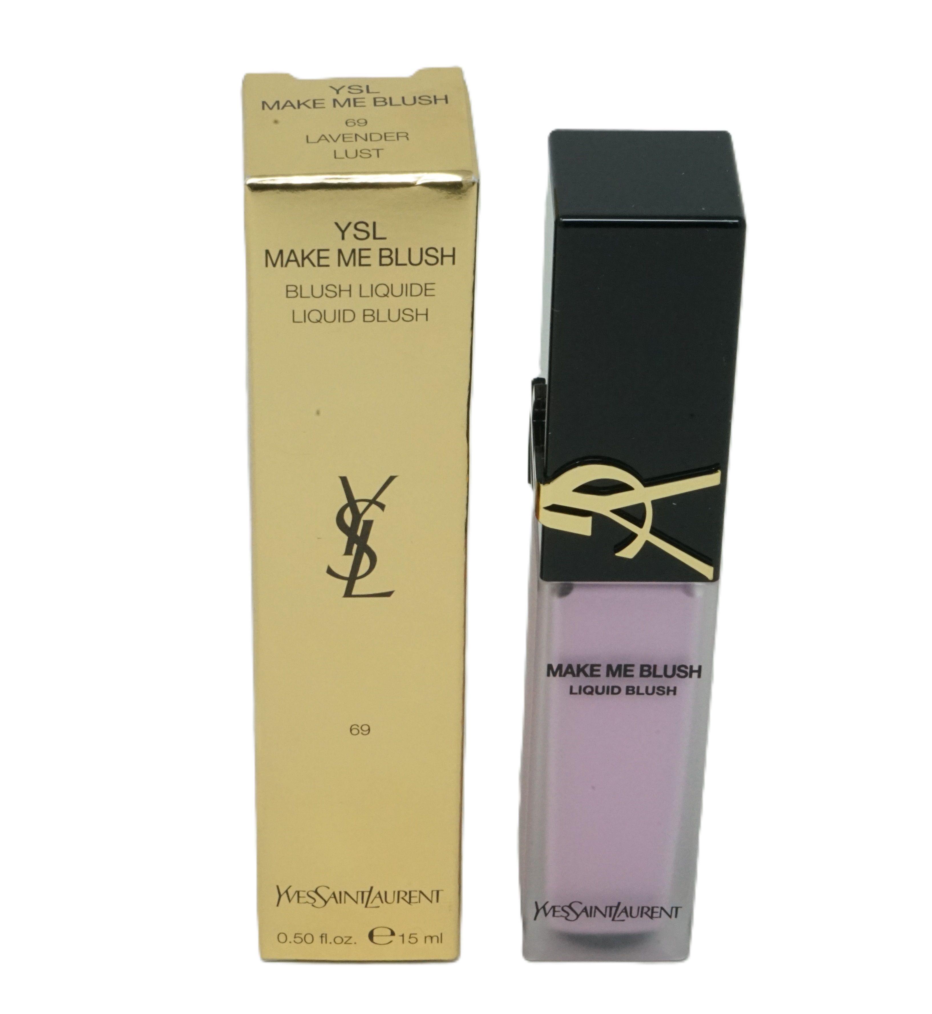 Goldfarbene Verpackung und Flasche mit flüssigem Rouge. Aufschrift: YSL Make Me Blush 69 Lavender Lust. 15 ml.