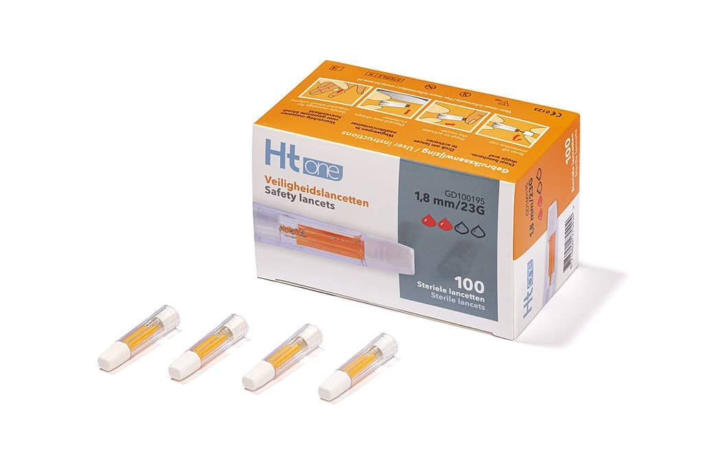 Verpackung und vier sterile Sicherheitslanzetten (1,8 mm) für die Blutzuckermessung.