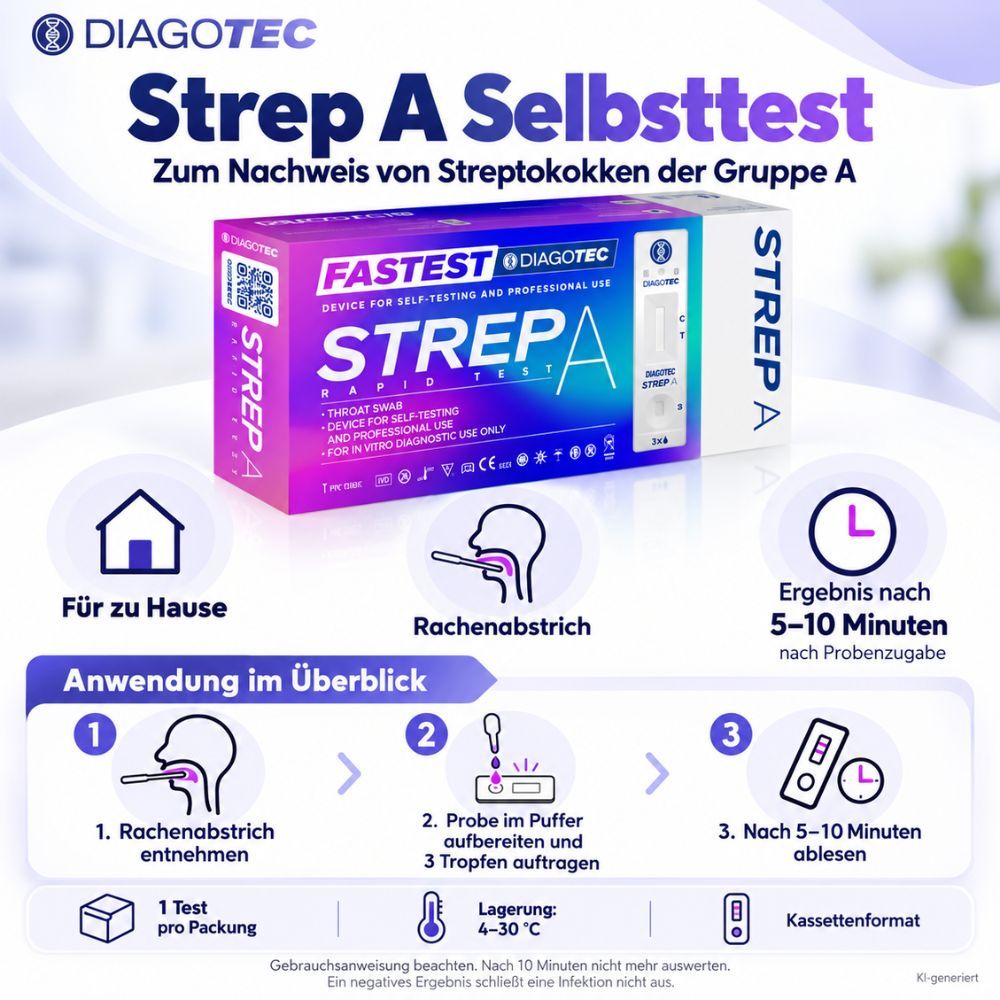 Strep A Schnelltest-Kit mit Rachenabstrich, Testkassette, Puffer und Anleitung. 1 Test pro Packung.