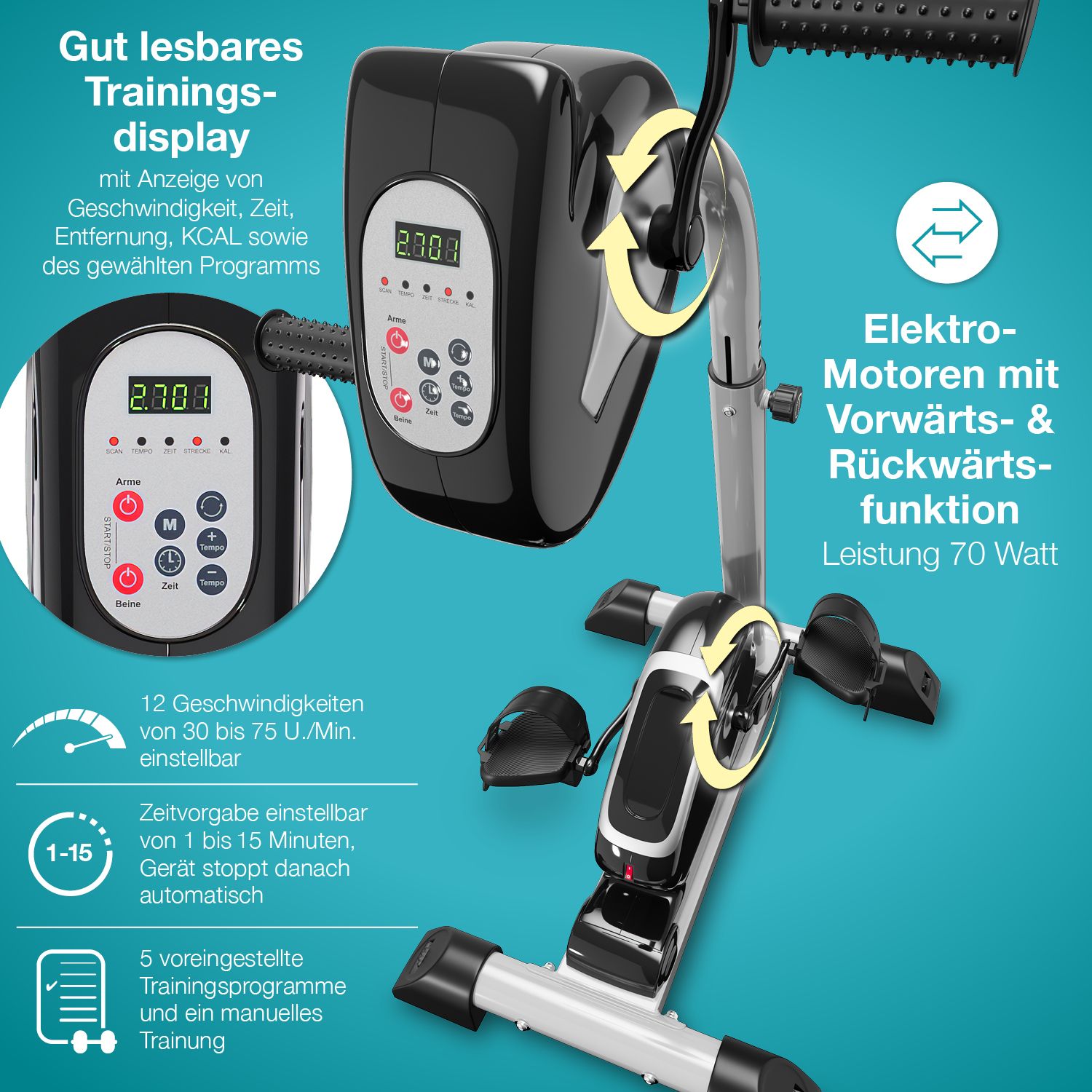 Nahaufnahme des Displays des Arm- und Beintrainers. Zeigt Geschwindigkeit, Zeit, Entfernung, kcal und Programme.