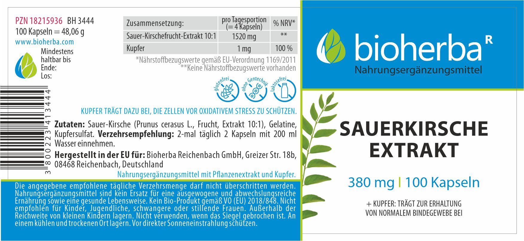 Etikett mit Produktinformationen. "Bioherba"-Logo, "Sauerkirsche Extrakt", 380 mg | 100 Kapseln. Inhaltsstoffe, Nährwertangaben, Hersteller.