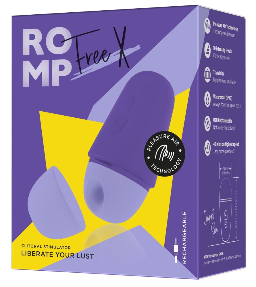 Verpackung von ROMP Free X. Lila Vibrator, teilweise zerlegt. Text: Clitoral Stimulator, Liberate Your Lust, wiederaufladbar.