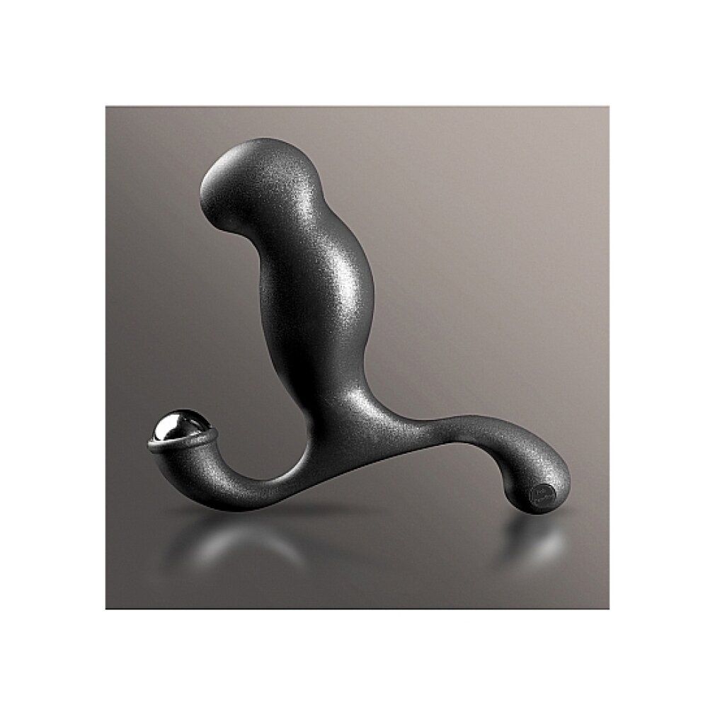 Schwarzes Wellness-Produkt mit gebogener Form und metallischer Kugel. Ergonomisches Design.