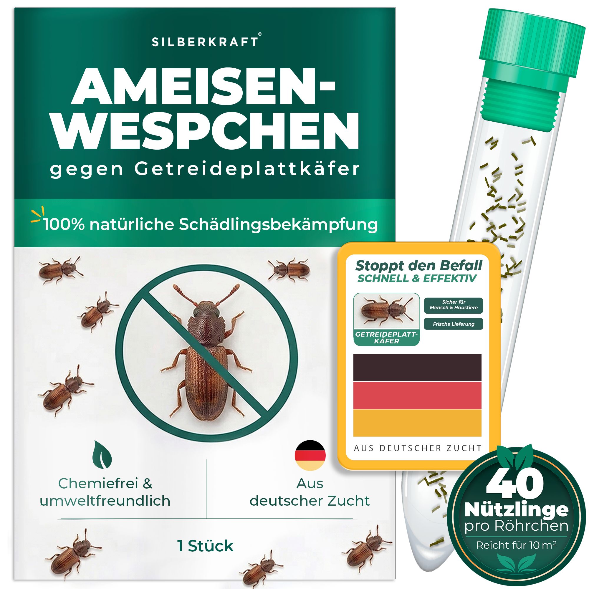Verpackung mit Silberkraft Ameisen-Wespen gegen Getreideplattkäfer, inklusive Röhrchen mit Nützlingen.