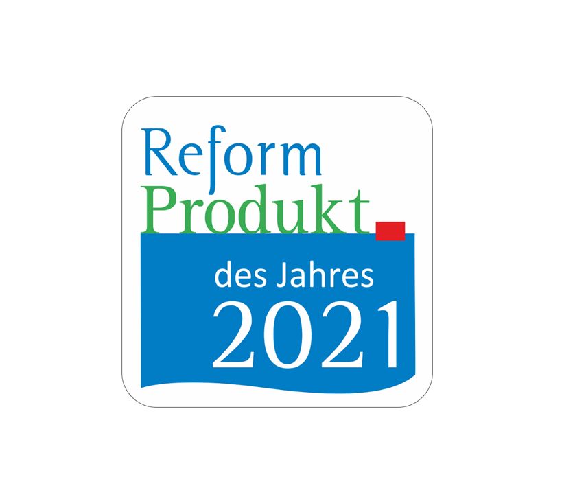 Quadratisches Logo: Reform Produkt des Jahres 2021. Text in Grün und Blau.