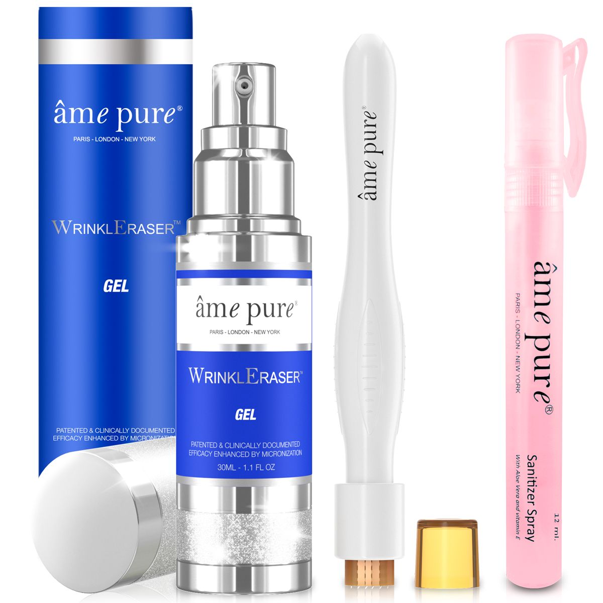 Verschiedene Produkte: Gel, Sprühflasche, Gerät mit Rollkopf und Kappe. Auf allen steht "âme pure".