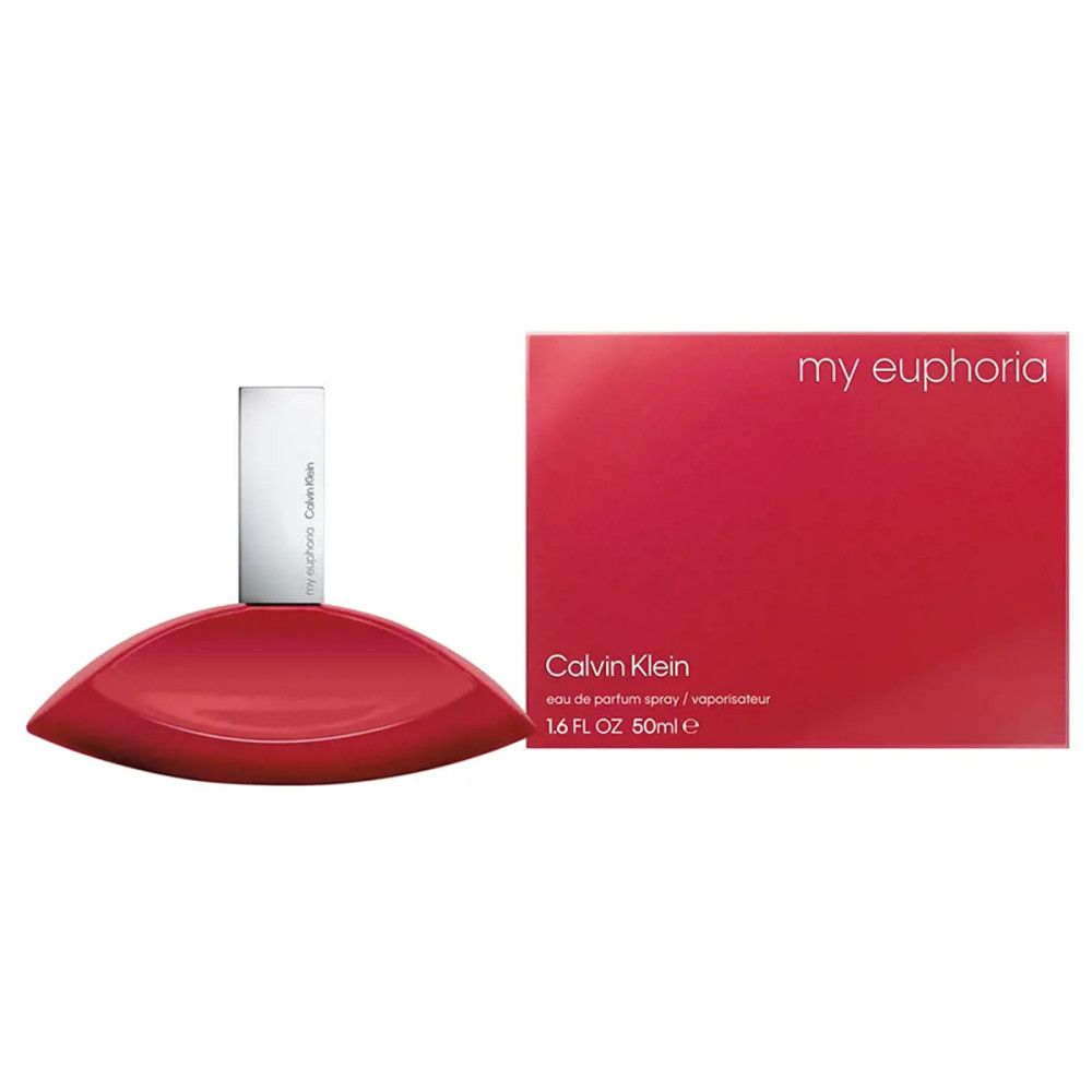 Roter Flakon und Verpackung. Aufschrift: my euphoria, Calvin Klein, 1.6 FL OZ 50ml e.